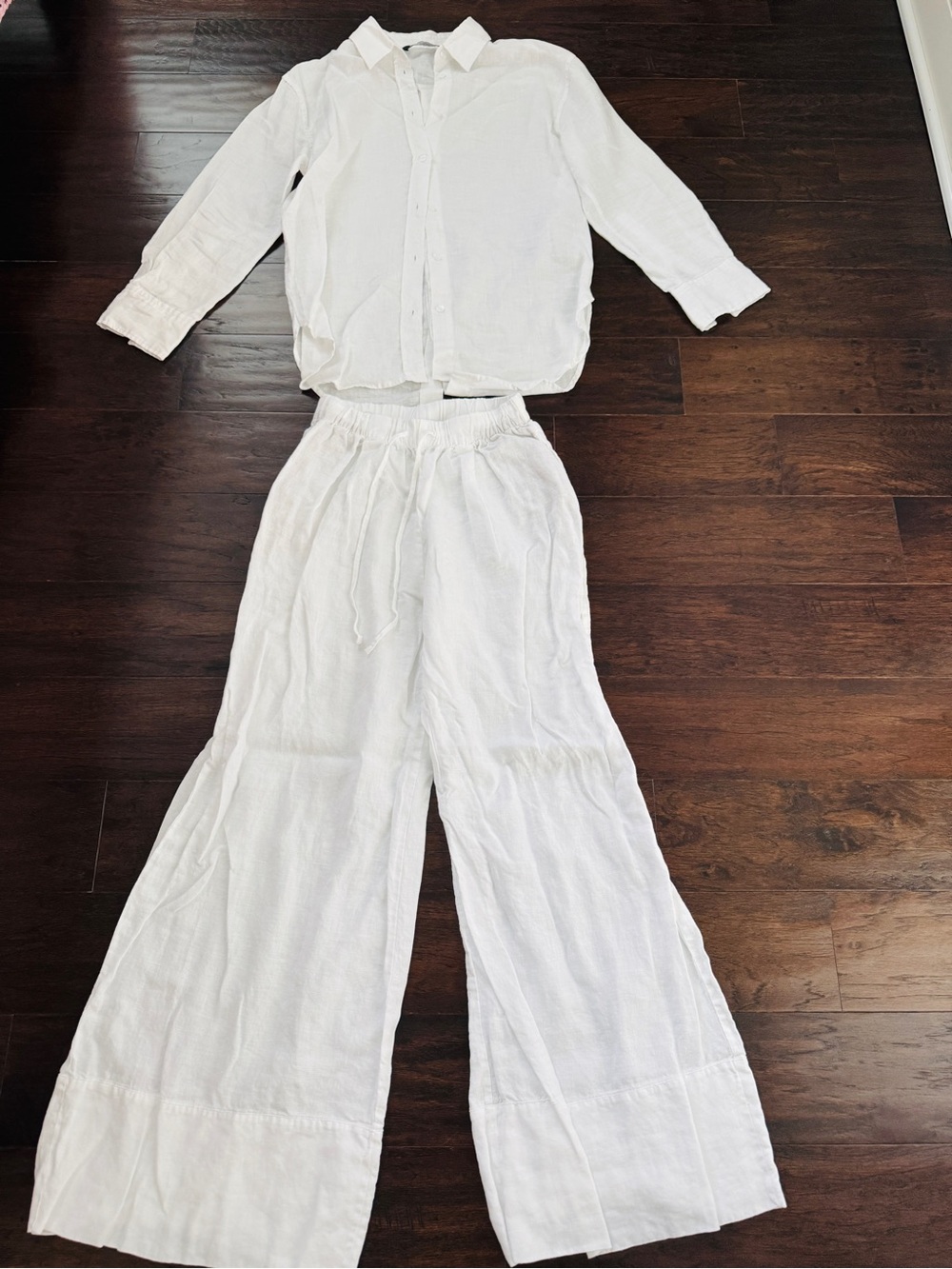 Zara White Wide-Leg Linen Pants and Shirt set